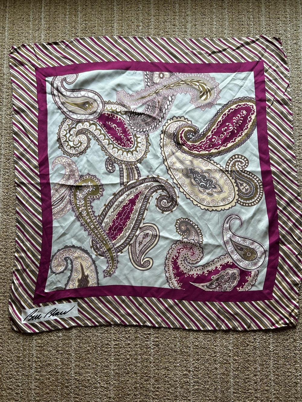 Vintage Bill Blass Silk Paisley Square Scarf in Purple and Cream